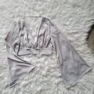 Missguided Cropped Bell-Sleeve Light Lavendar Silk Top